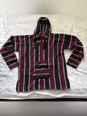 Striped Crewneck Baja Pullover Sweater - Black & Burgundy